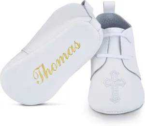 BabyShoe Personalized Christening - Baptism Leather Shoes for Baby Boys & Girls with Hand Embossed Name & Date – Newborn Shoes for Special Occasions – Great Gift Idea – White