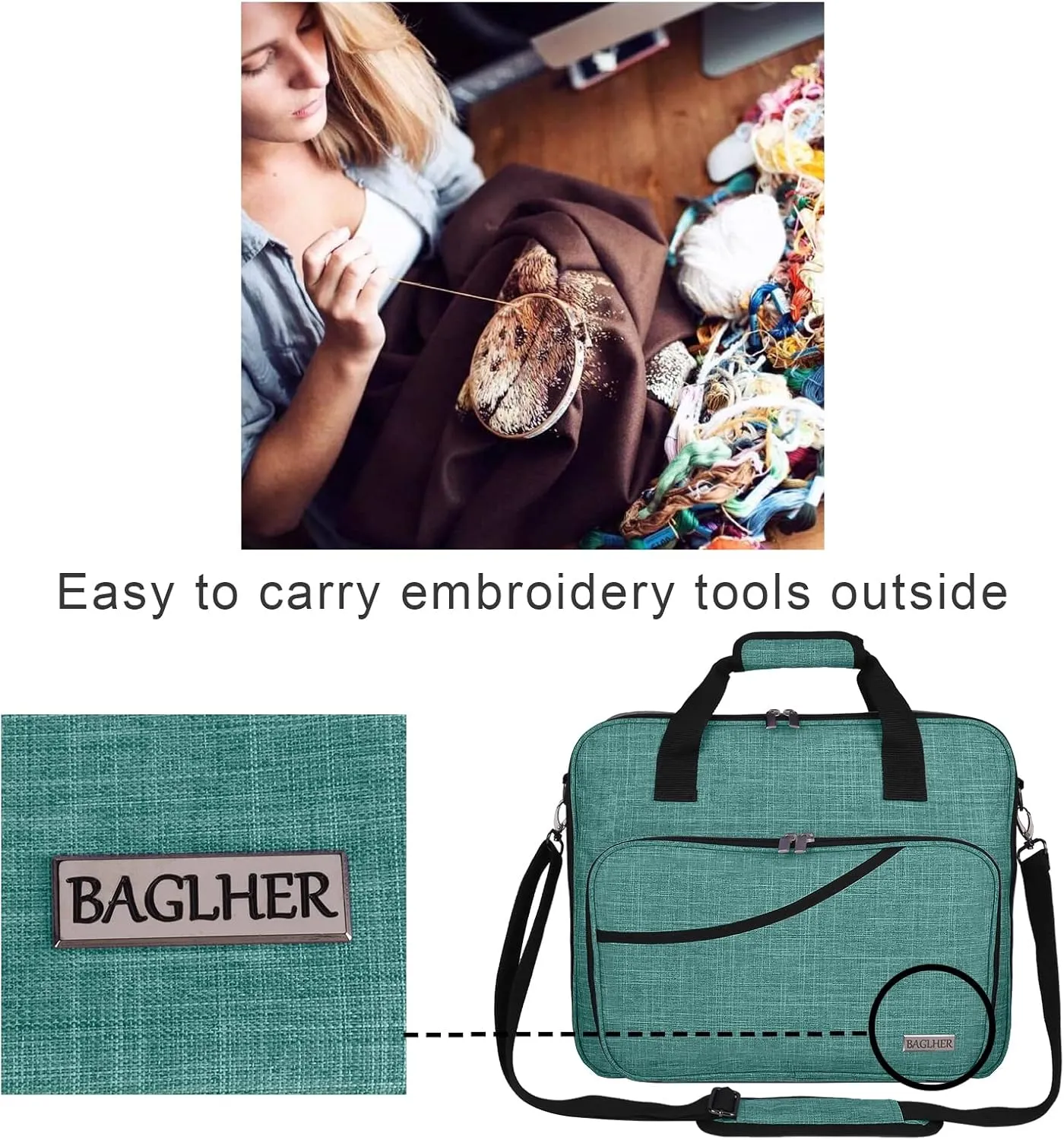 BAGLHER Cross Stitch & Embroidery Organizer Bag - Large Portable Project Storage with 3 Compartments, Travel Friendly Carrying Case for 11.2" Hoops, Threads, Supplies (Green)