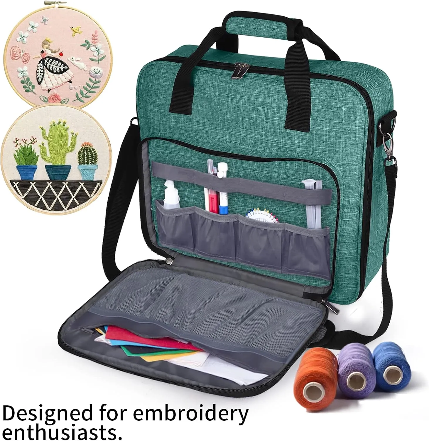 BAGLHER Cross Stitch & Embroidery Organizer Bag - Large Portable Project Storage with 3 Compartments, Travel Friendly Carrying Case for 11.2" Hoops, Threads, Supplies (Green)