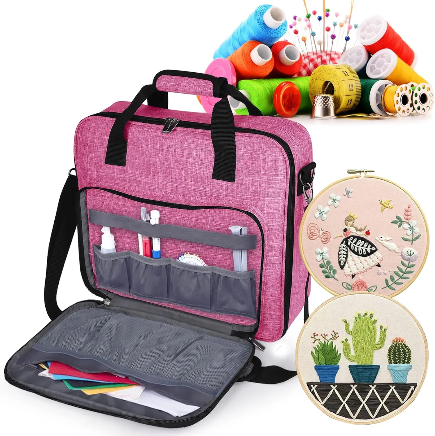 BAGLHER Cross Stitch & Embroidery Organizer Bag - Large Portable Project Storage with 3 Compartments, Travel Friendly Carrying Case for 11.2" Hoops, Threads, Supplies (Pink)