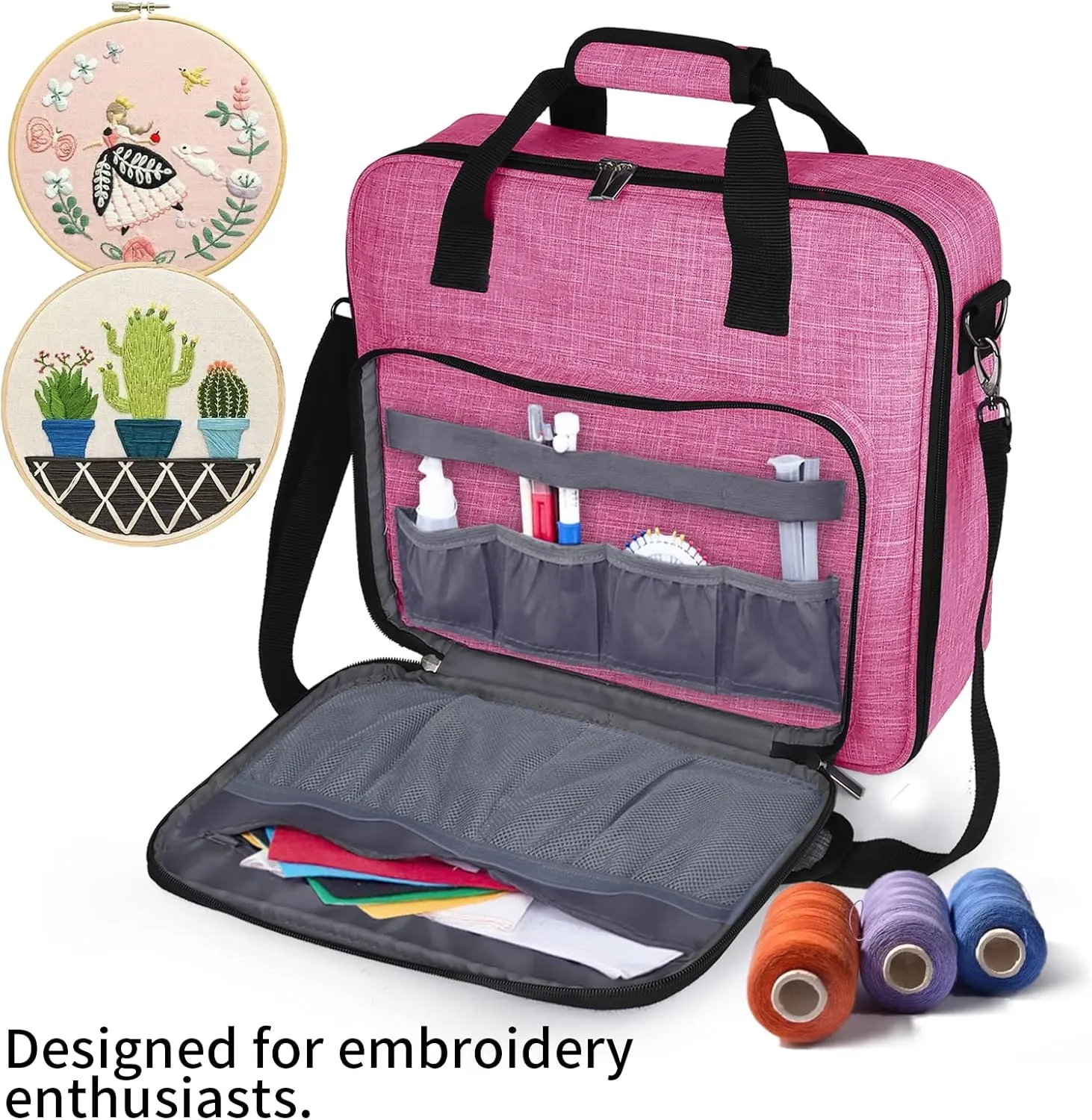 BAGLHER Cross Stitch & Embroidery Organizer Bag - Large Portable Project Storage with 3 Compartments, Travel Friendly Carrying Case for 11.2" Hoops, Threads, Supplies (Pink)