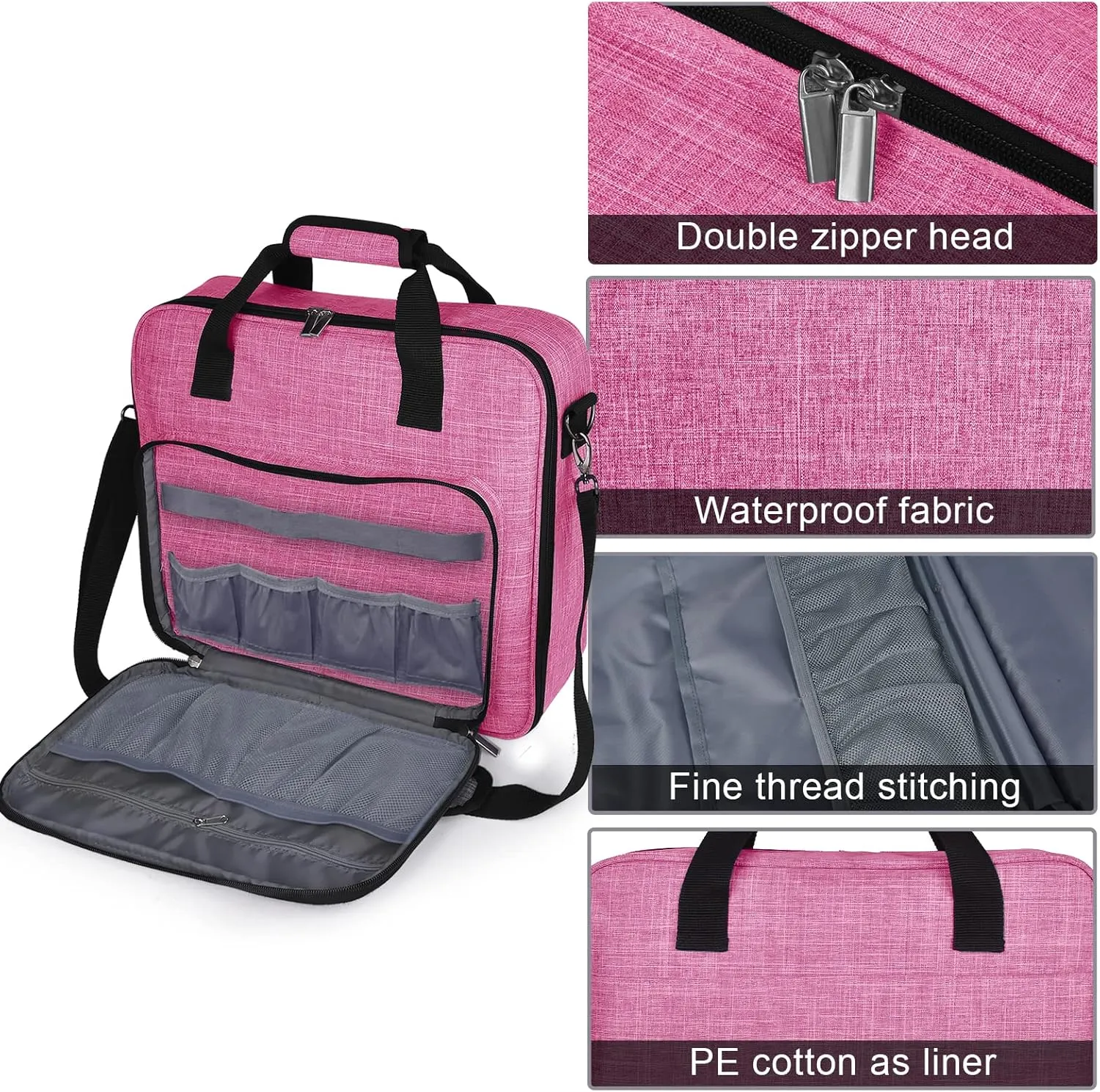 BAGLHER Cross Stitch & Embroidery Organizer Bag - Large Portable Project Storage with 3 Compartments, Travel Friendly Carrying Case for 11.2" Hoops, Threads, Supplies (Pink)