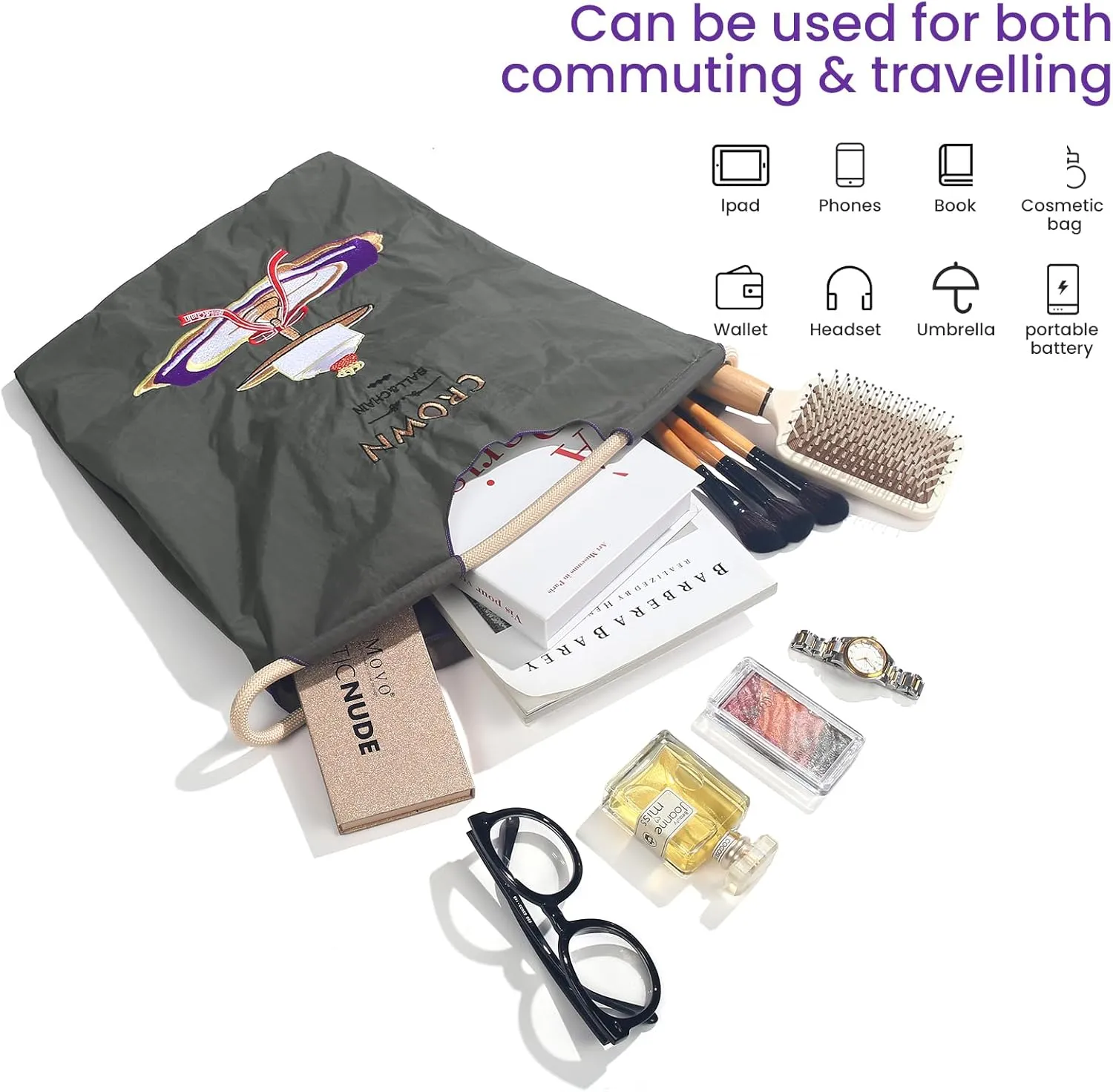 Ball&Chain Cake Pattern Embroidery Nylon Bag with Pulling Rope Pocket Personalized Tote Bags for Mom Teacher Friend