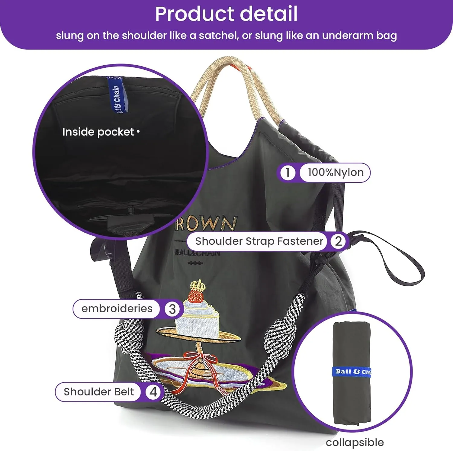 Ball&Chain Cake Pattern Embroidery Nylon Bag with Pulling Rope Pocket Personalized Tote Bags for Mom Teacher Friend