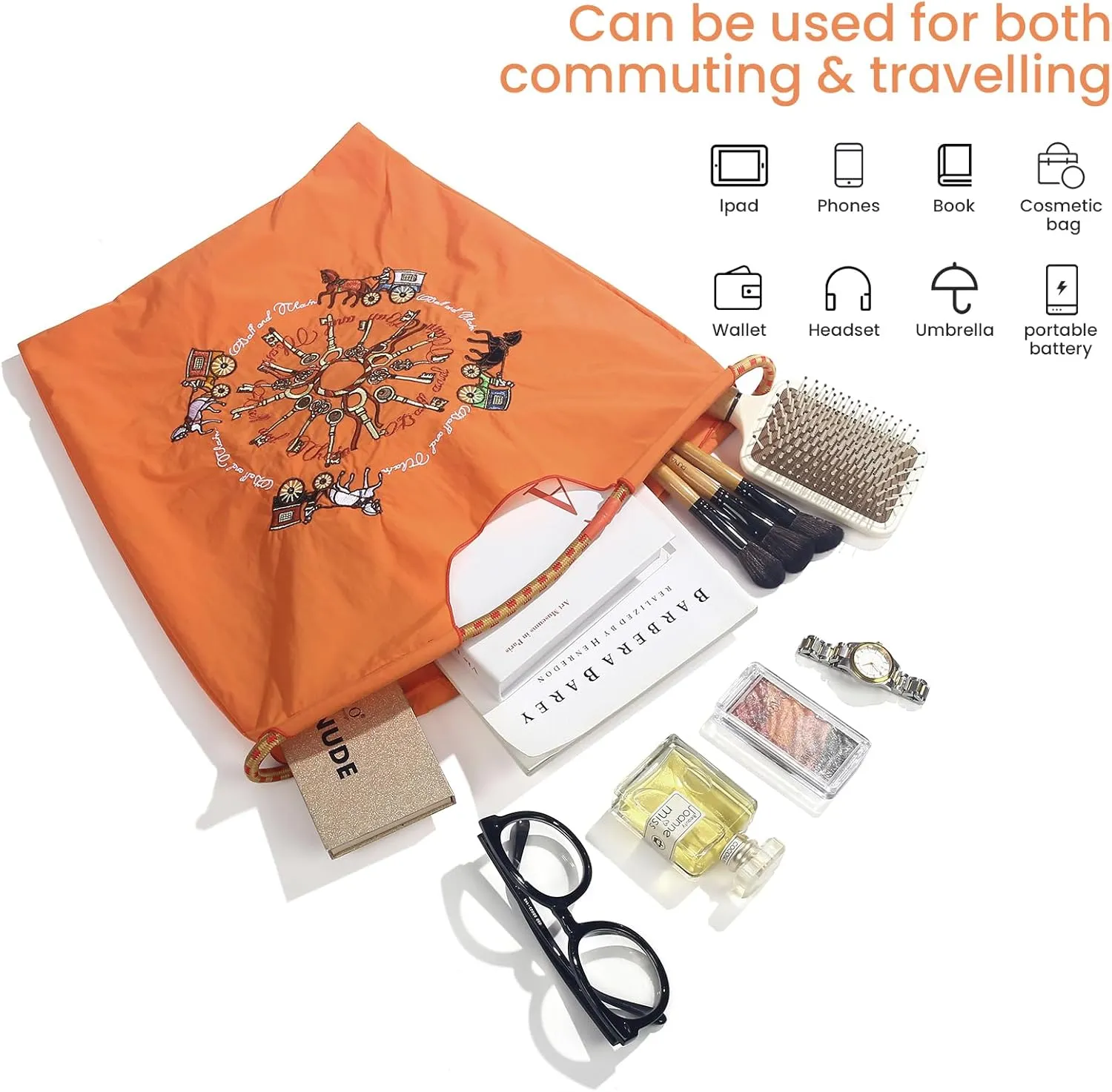 Ball&Chain Carriage Pattern Embroidery Nylon Tote Bag for Women, Travel Shoulder Bag Top Handle HandBags for Work, Travel
