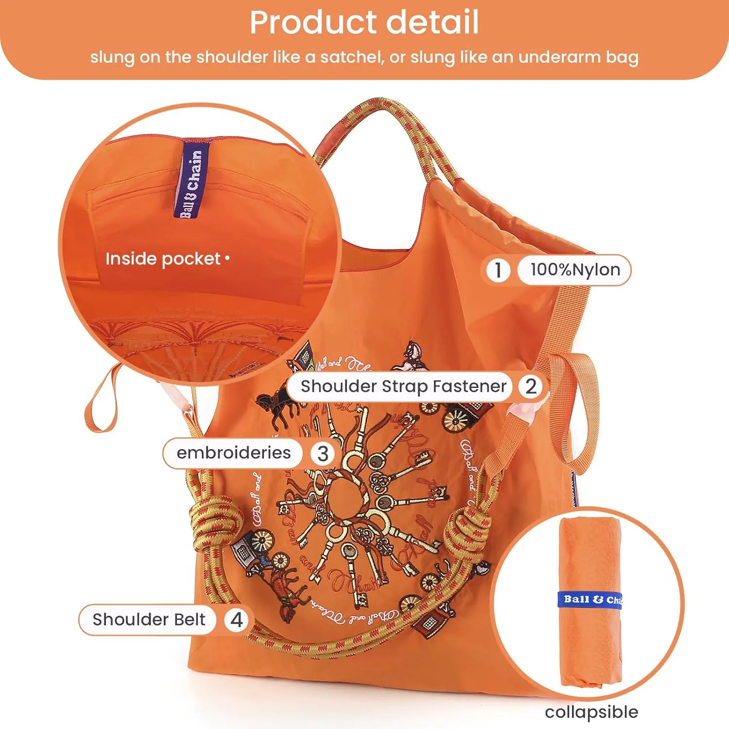 Ball&Chain Carriage Pattern Embroidery Nylon Tote Bag for Women, Travel Shoulder Bag Top Handle HandBags for Work, Travel