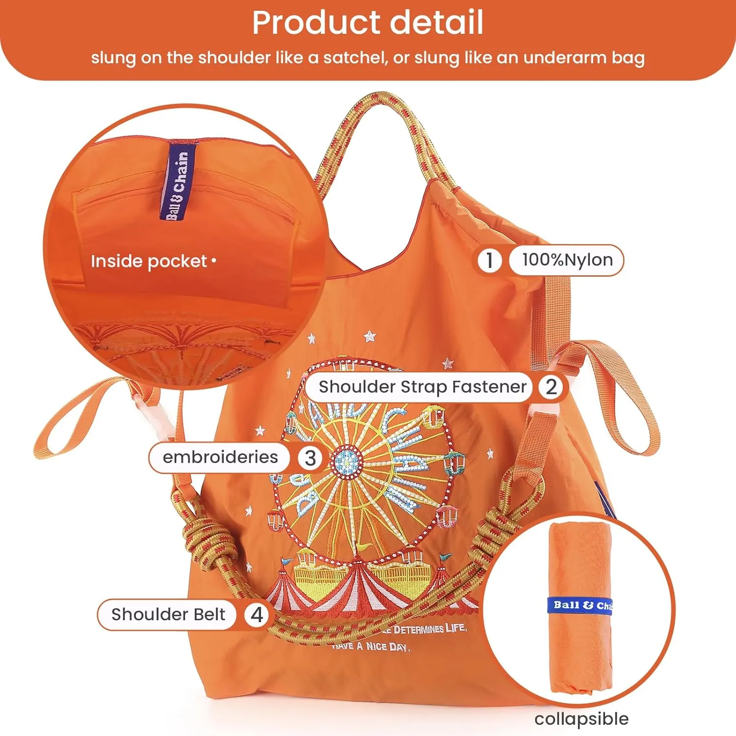 Ball&Chain Embroidery Ferris Wheel Nylon Tote Bag for Women, HandBags Large Capacity Casual Handbags for Mom Teacher Friend
