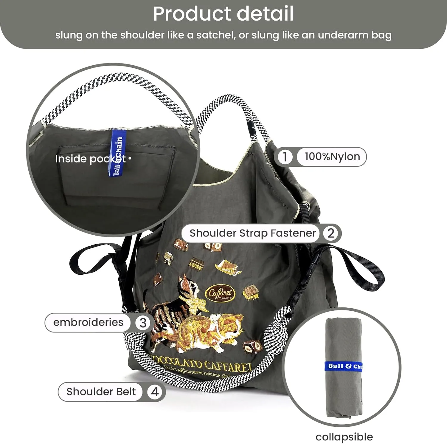 Ball&Chain Women Embroidery Shoulder Handbag Nylon Pockets Bag Ladies Crossbody Purse Fashion Tote Handle Satchel,15x16 in