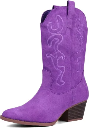 Bandkos Cowboy Boots for Women Cowgirl Mid Calf Western Embroidered Boot Low Chunky Block Heel Fashion Boots