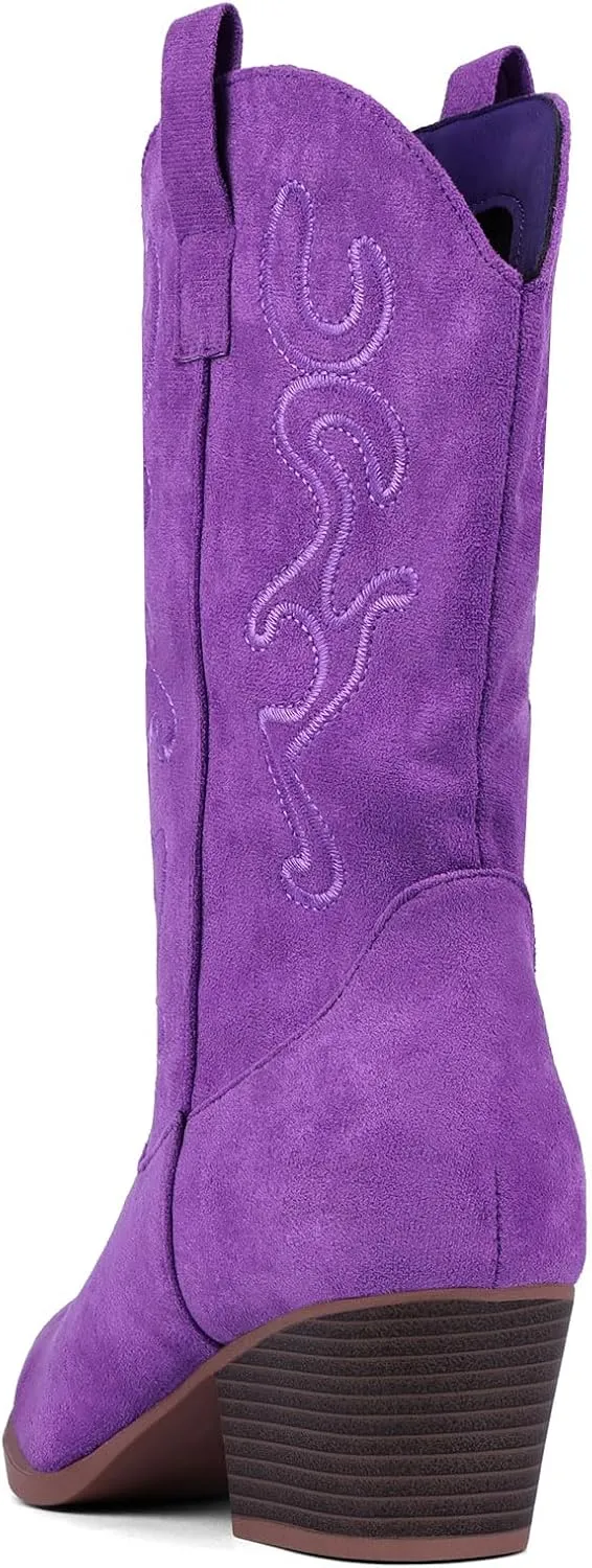 Bandkos Cowboy Boots for Women Cowgirl Mid Calf Western Embroidered Boot Low Chunky Block Heel Fashion Boots