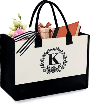BeeGreen Gift Basket Monogram Initial Canvas Tote Bag with Pocket Embroidery Personalized Tote for Mom Teacher Friend