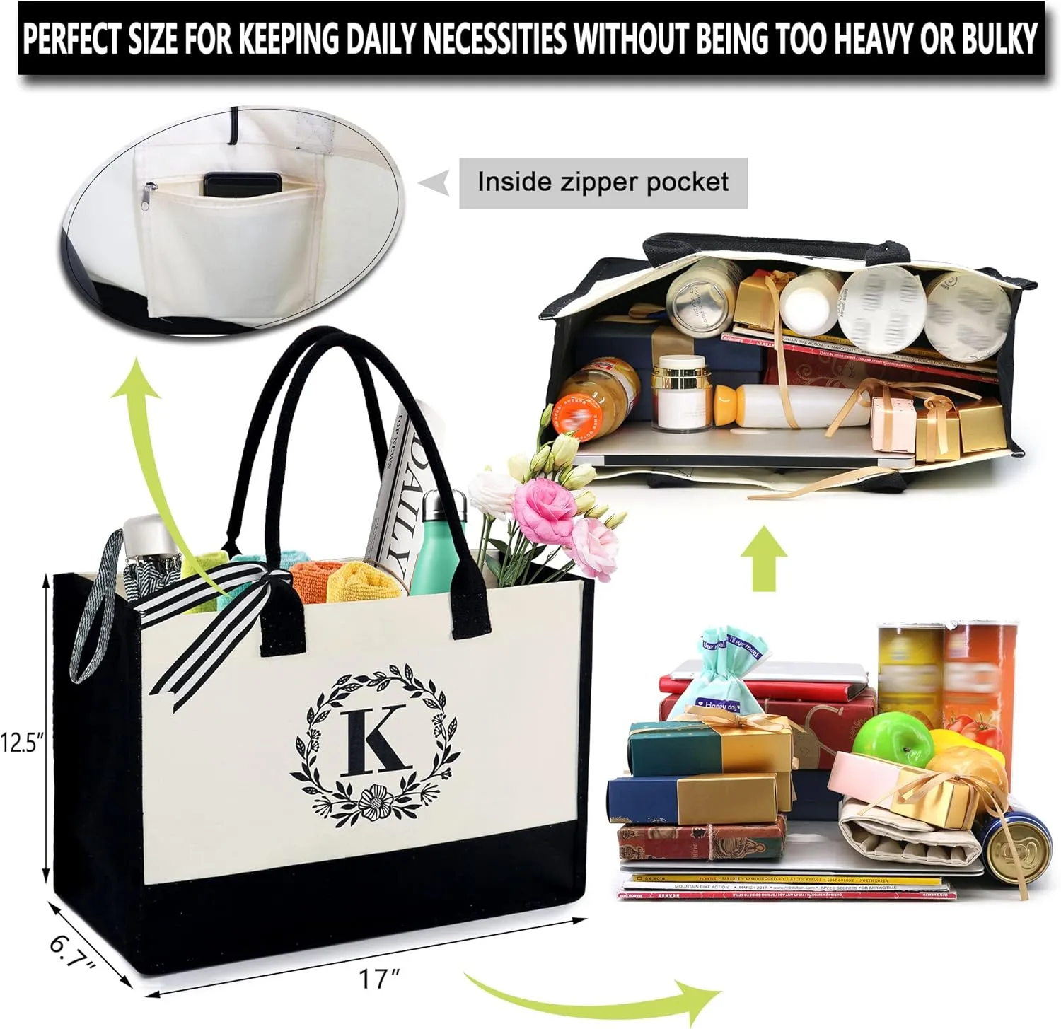 BeeGreen Gift Basket Monogram Initial Canvas Tote Bag with Pocket Embroidery Personalized Tote for Mom Teacher Friend