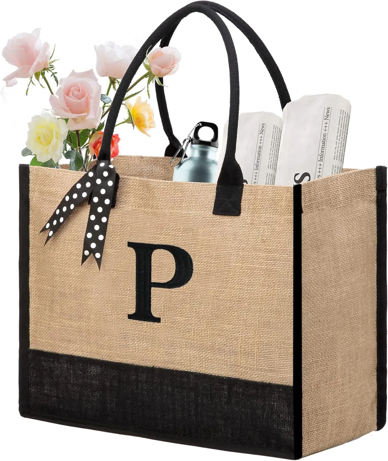 BeeGreen Initial Canvas/Jute Tote Bag Personalized Bag for Wedding, Birthday, Beach, Gift for Women, Mom, Teacher,Friend