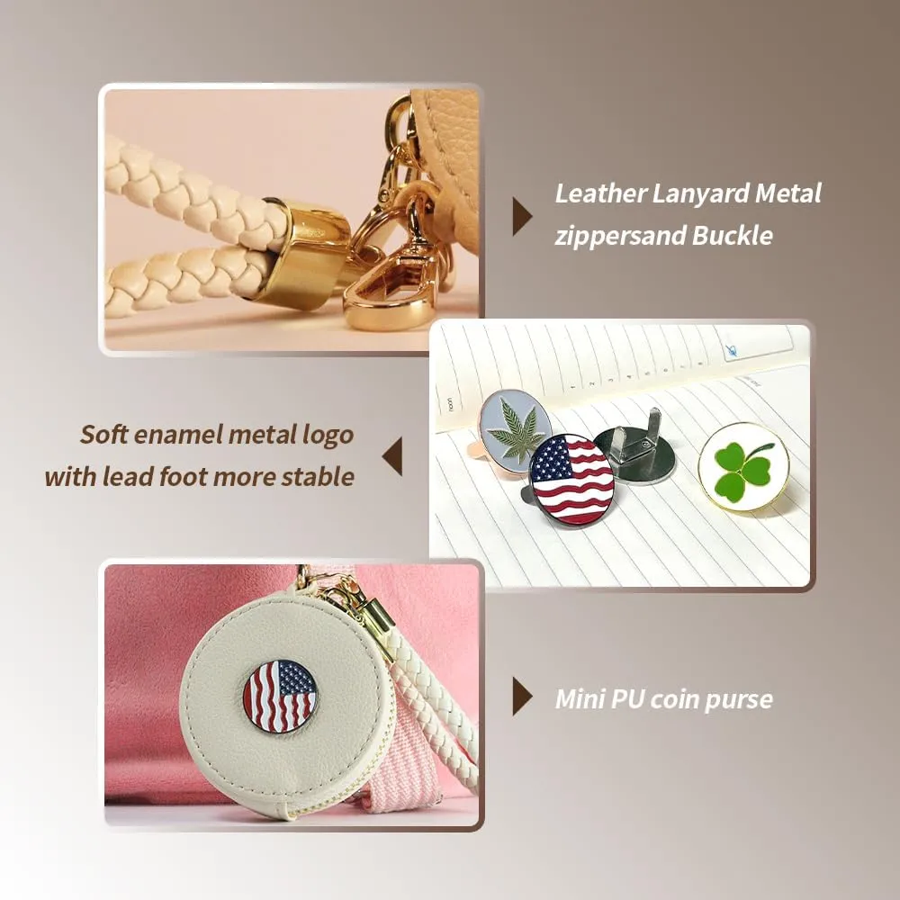 Beige PU Leather Coin Purse with Woven Strap, Metal Enamel Mark, Golden Clasp and Zipper Accessory, Small Change Pouch Wallet,Coin Organizer, Change Holder for Women（American Flag Charm)