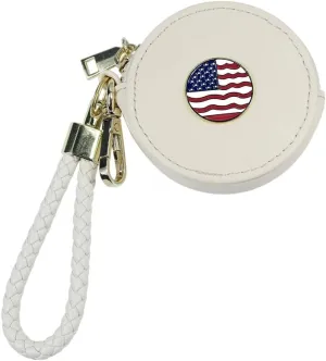 Beige PU Leather Coin Purse with Woven Strap, Metal Enamel Mark, Golden Clasp and Zipper Accessory, Small Change Pouch Wallet,Coin Organizer, Change Holder for Women（American Flag Charm)