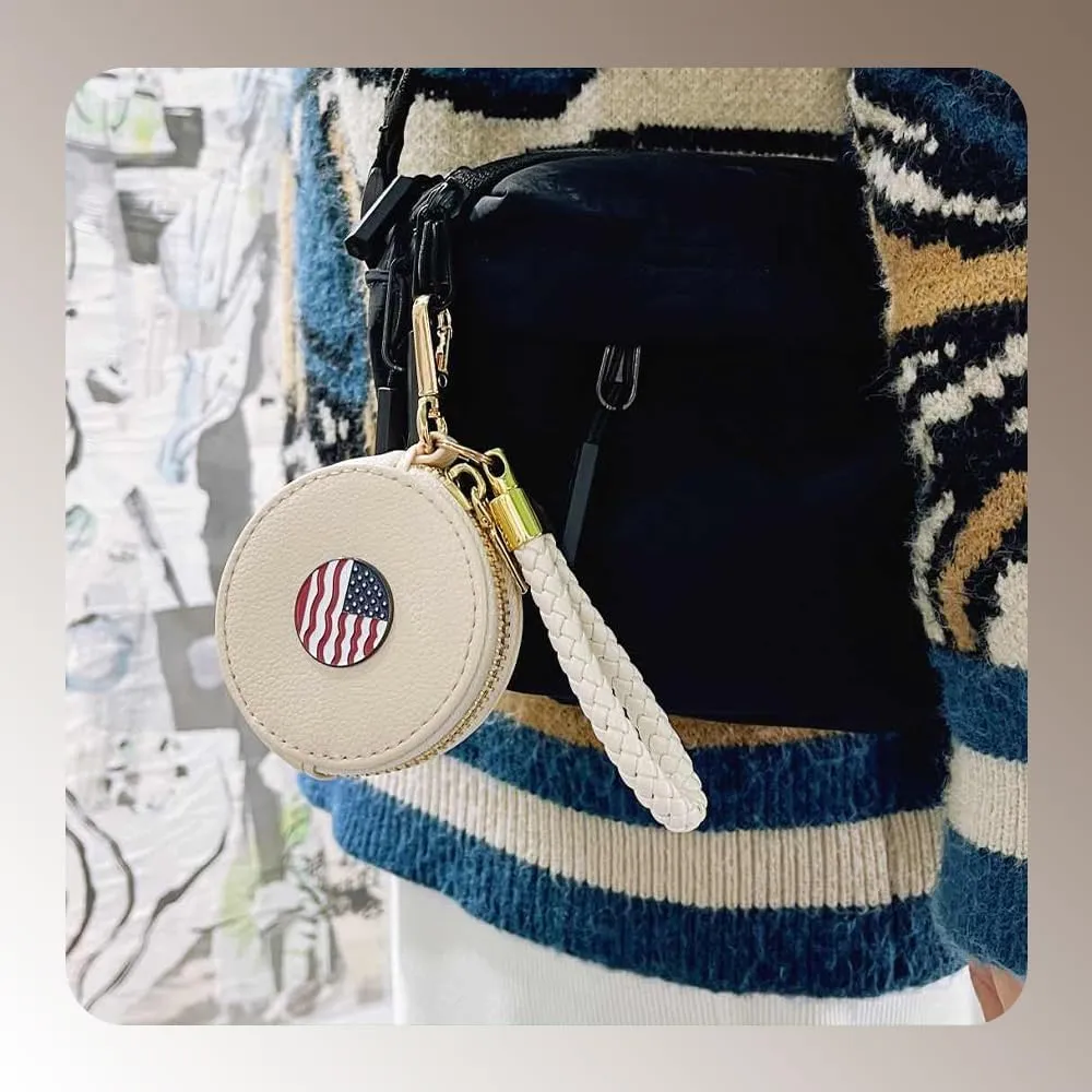 Beige PU Leather Coin Purse with Woven Strap, Metal Enamel Mark, Golden Clasp and Zipper Accessory, Small Change Pouch Wallet,Coin Organizer, Change Holder for Women（American Flag Charm)