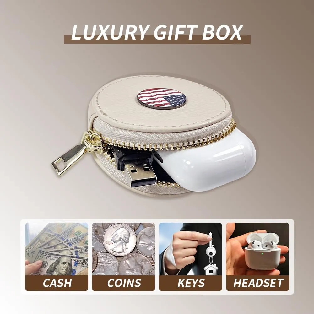 Beige PU Leather Coin Purse with Woven Strap, Metal Enamel Mark, Golden Clasp and Zipper Accessory, Small Change Pouch Wallet,Coin Organizer, Change Holder for Women（American Flag Charm)