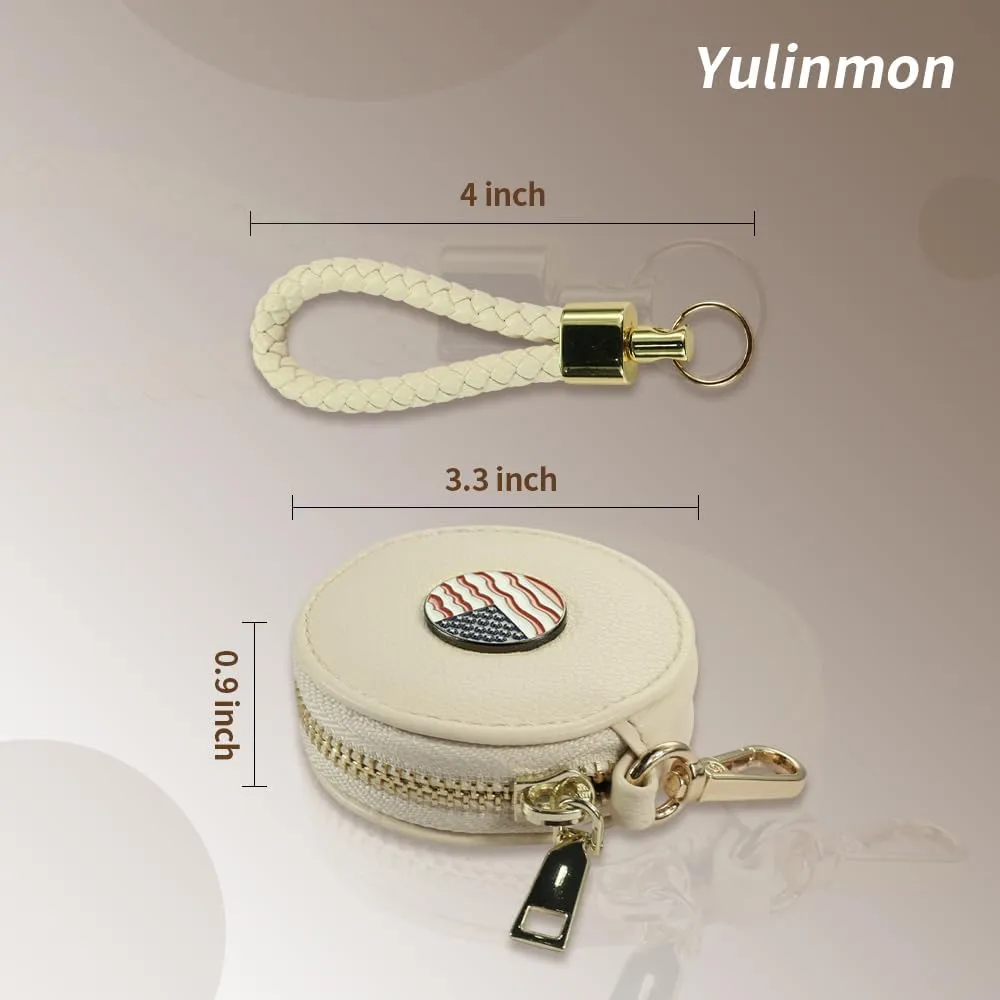 Beige PU Leather Coin Purse with Woven Strap, Metal Enamel Mark, Golden Clasp and Zipper Accessory, Small Change Pouch Wallet,Coin Organizer, Change Holder for Women（American Flag Charm)