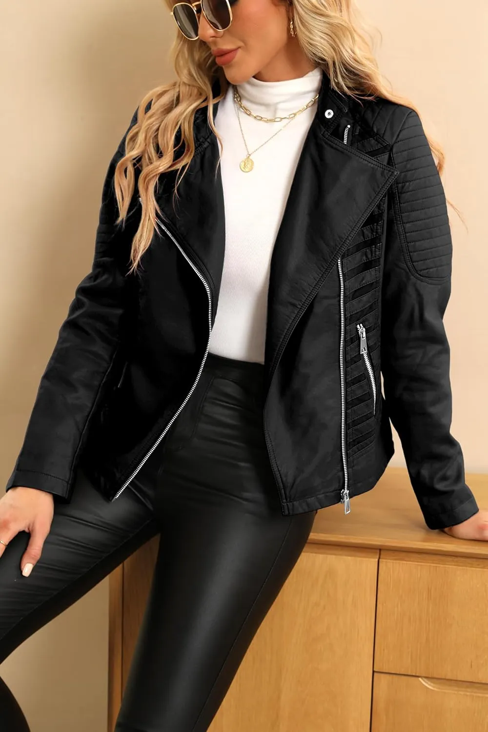Bellivera Women Faux Leather Motorcycle Jacket Trendy Moto Biker Casual Spring Coat