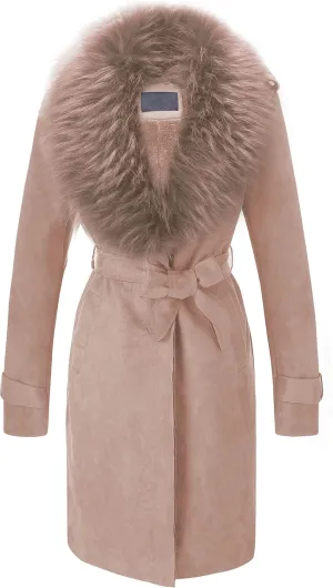 Bellivera Women Faux Leather Trench Coat Fleece-Lined Mid-length Jacket with Detachable Fur Collar