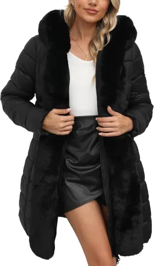 Bellivera Women's Faux Leather Fleece Lined Coat Winter Hooded Zip-up Parka with Belt