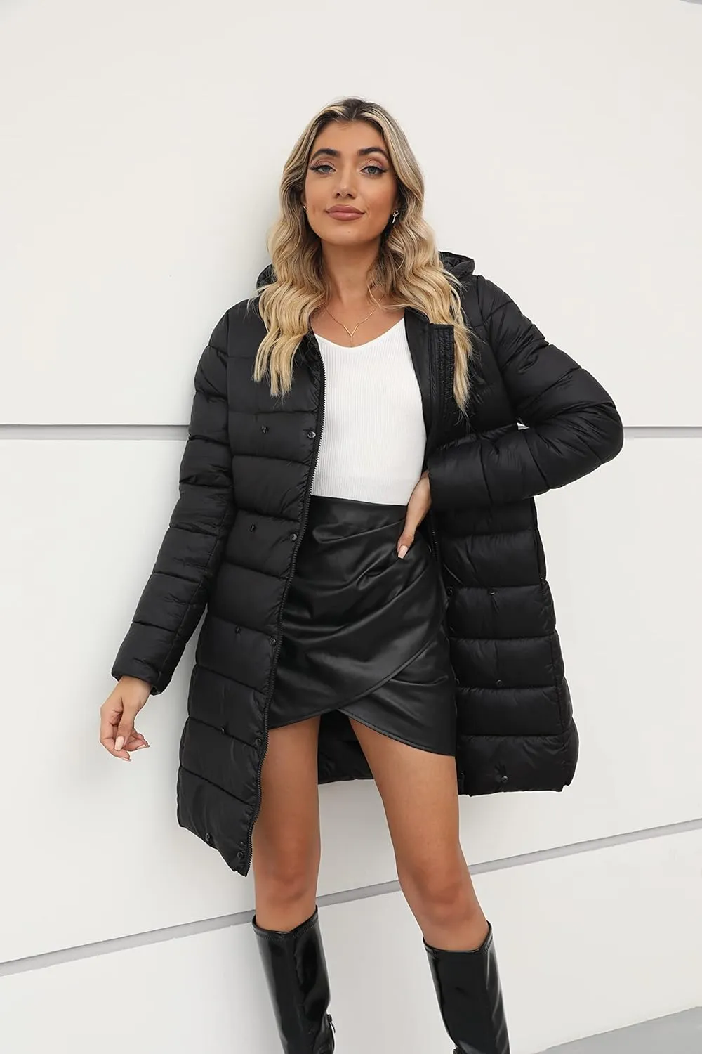 Bellivera Women's Faux Leather Fleece Lined Coat Winter Hooded Zip-up Parka with Belt