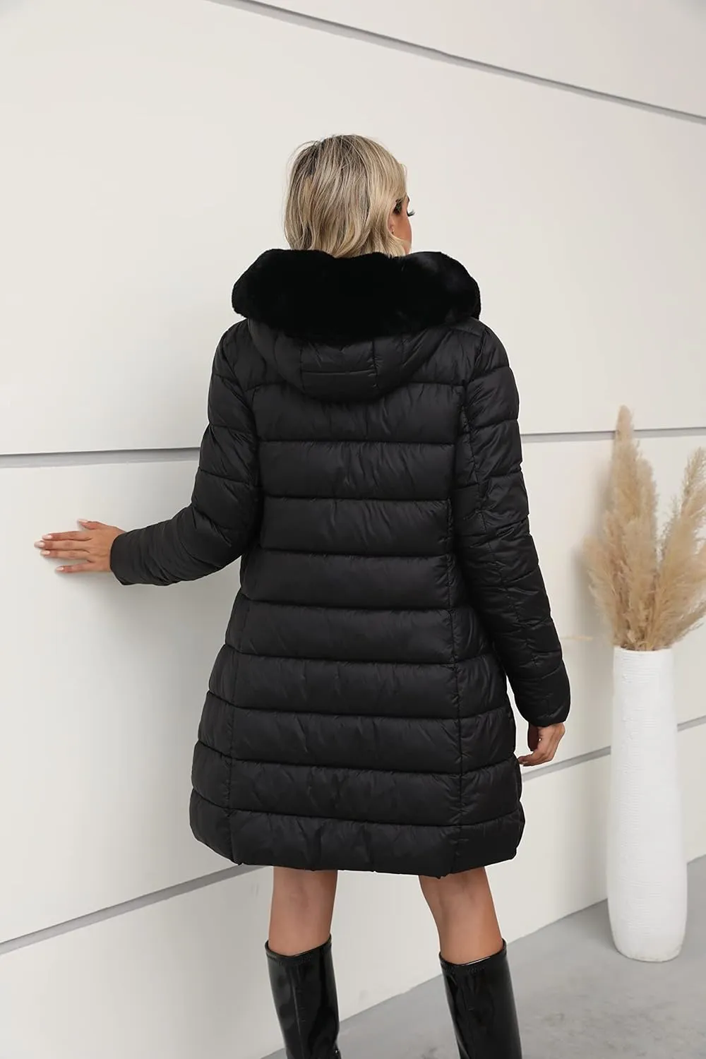 Bellivera Women's Faux Leather Fleece Lined Coat Winter Hooded Zip-up Parka with Belt