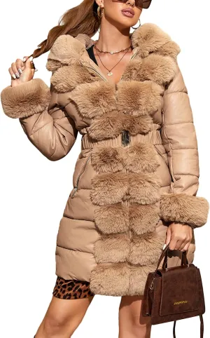 Bellivera Women's Faux Leather Fleece Lined Coat Winter Hooded Zip-up Parka with Belt