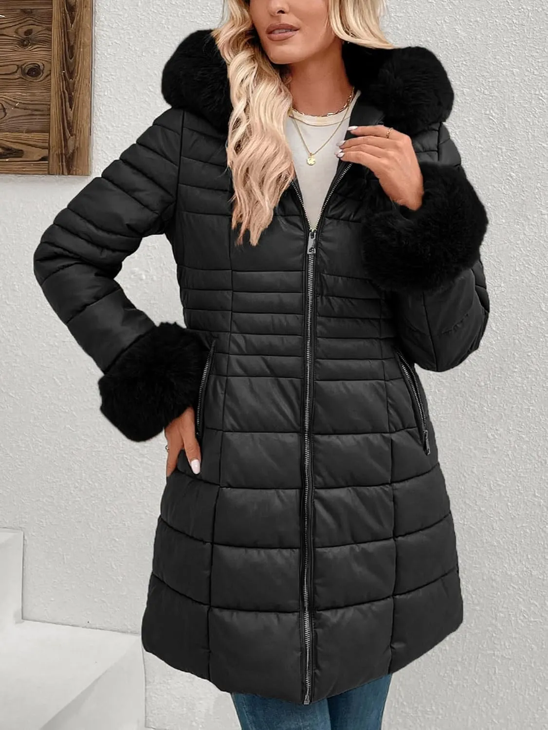 Bellivera Women's Winter Puffer Jacket Cold-Resistant Patchwork Plush Lining Coat with Removable Fur Collar Hooded and Belted