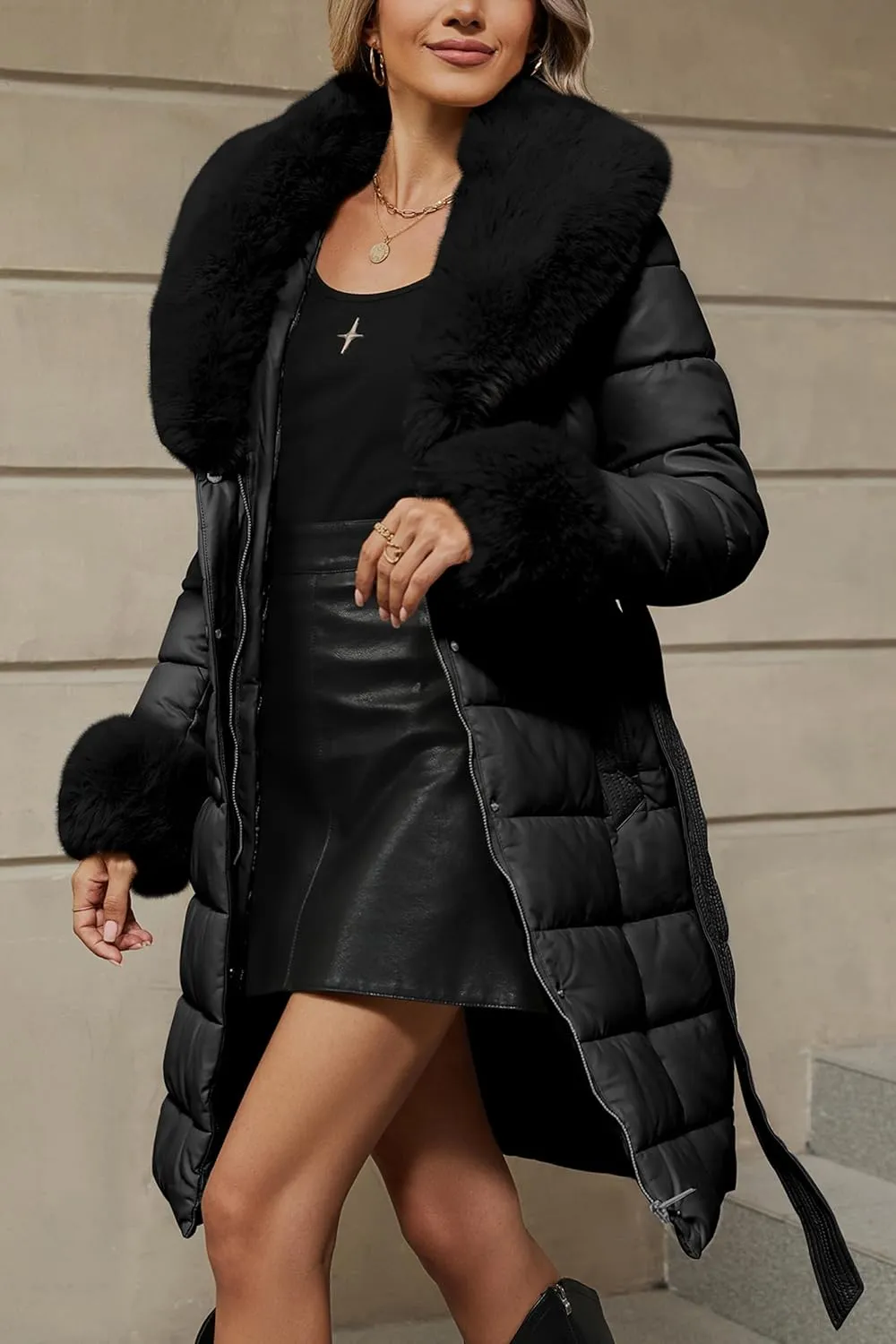 Bellivera Women's Winter Puffer Jacket Cold-Resistant Patchwork Plush Lining Coat with Removable Fur Collar Hooded and Belted
