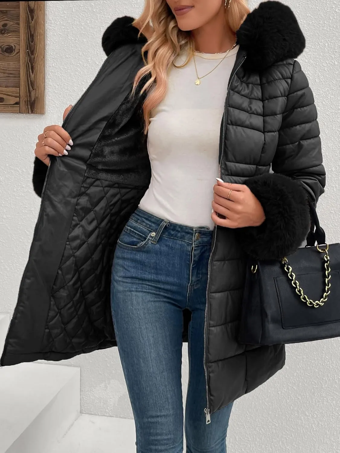 Bellivera Women's Winter Puffer Jacket Cold-Resistant Patchwork Plush Lining Coat with Removable Fur Collar Hooded and Belted