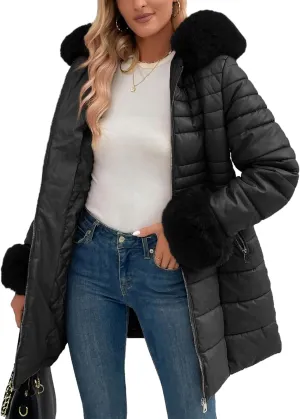 Bellivera Women's Winter Puffer Jacket Cold-Resistant Patchwork Plush Lining Coat with Removable Fur Collar Hooded and Belted