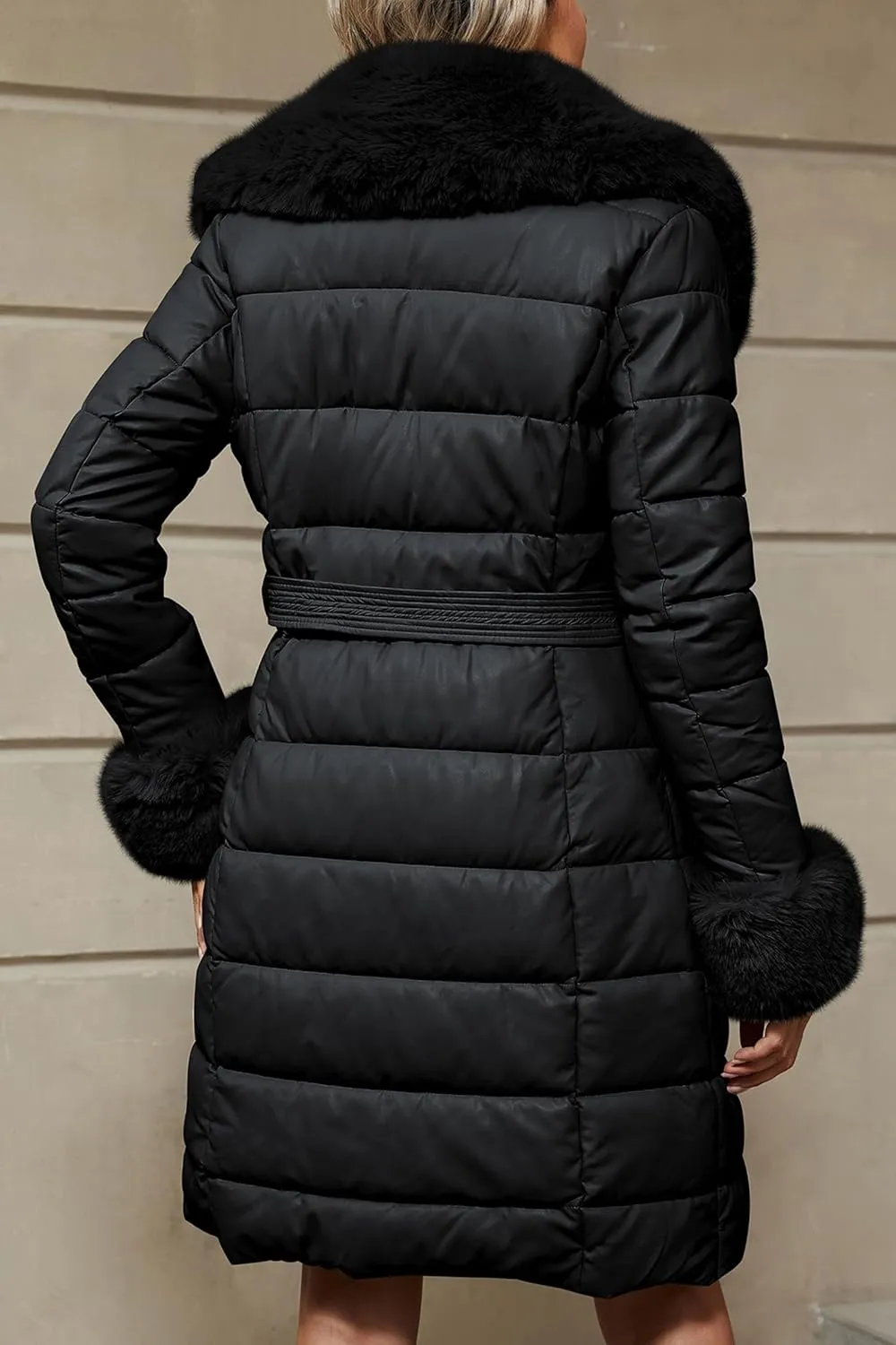 Bellivera Women's Winter Puffer Jacket Cold-Resistant Patchwork Plush Lining Coat with Removable Fur Collar Hooded and Belted