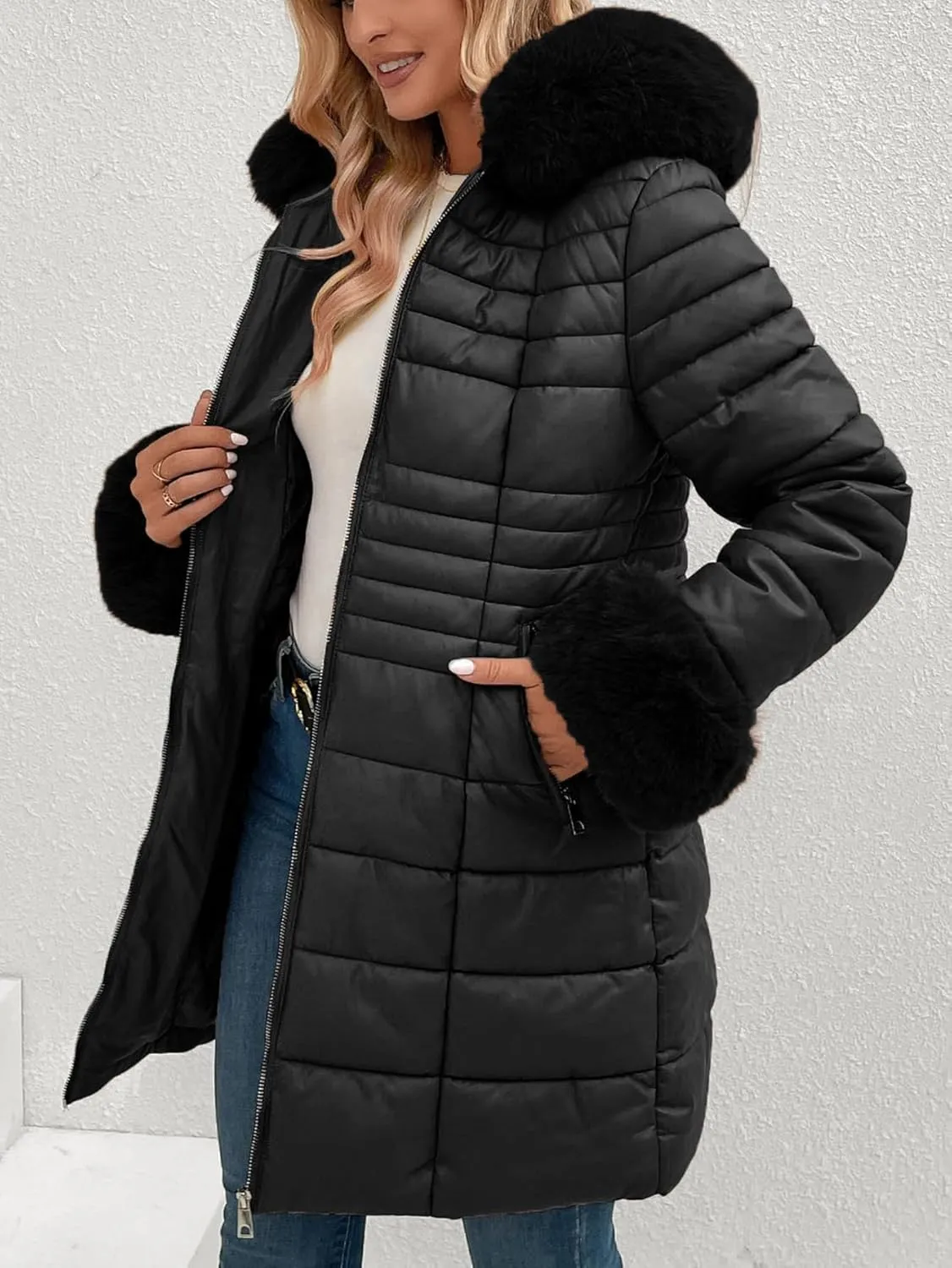 Bellivera Women's Winter Puffer Jacket Cold-Resistant Patchwork Plush Lining Coat with Removable Fur Collar Hooded and Belted