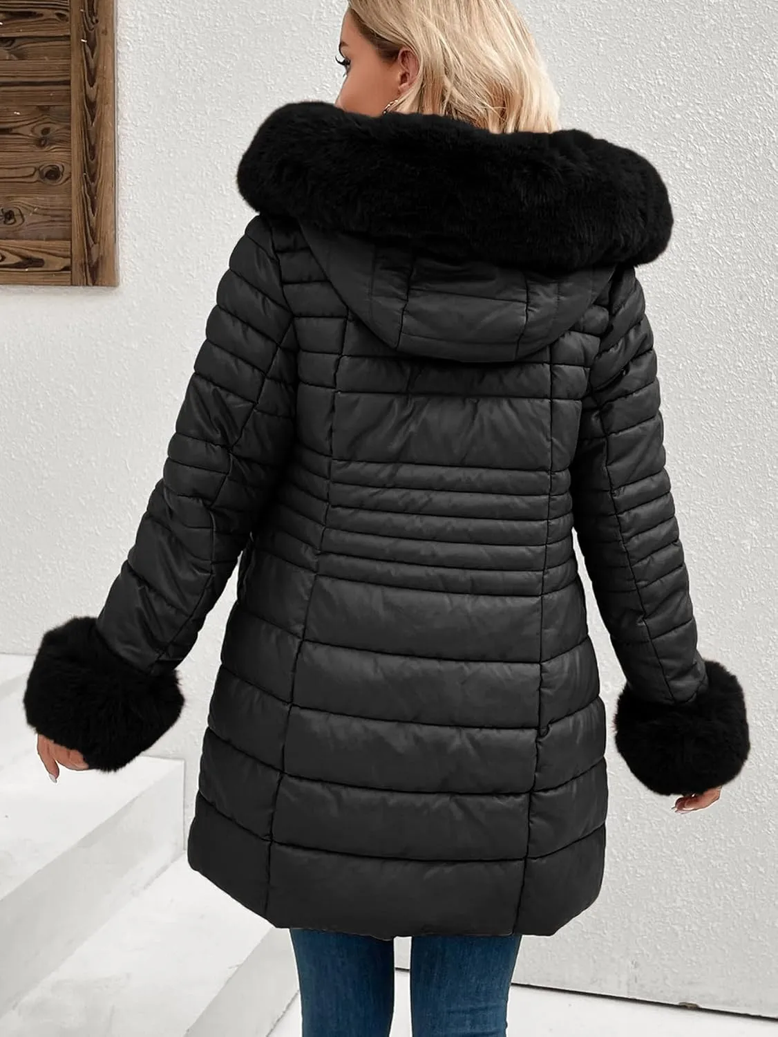 Bellivera Women's Winter Puffer Jacket Cold-Resistant Patchwork Plush Lining Coat with Removable Fur Collar Hooded and Belted