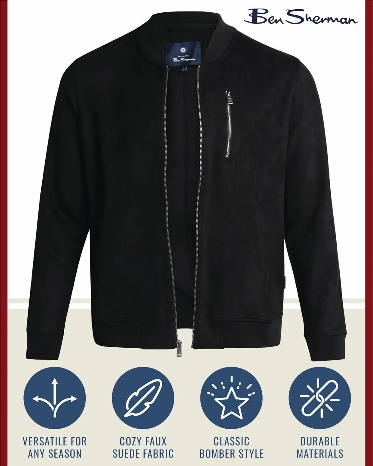 Ben Sherman Men's Bomber Jacket - Cozy Full Zip Up Faux Suede Bomber Jacket for Men - Casual Mens Suede Jacket (S-XL)