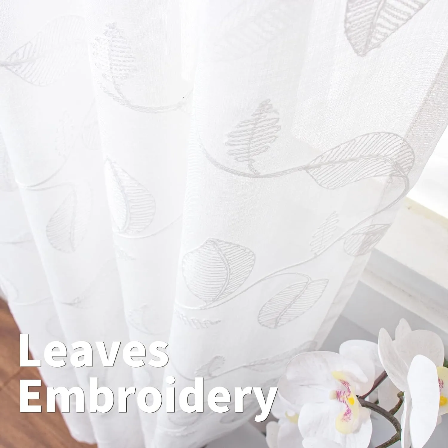 BGment White Sheer Curtains 84 Inches Long 2 Panels - Embroidered Leaf Pattern Semi Sheer Curtains Light Filtering Grommet Window Drapes for Living Room, Each Panel 52 x 84 Inch