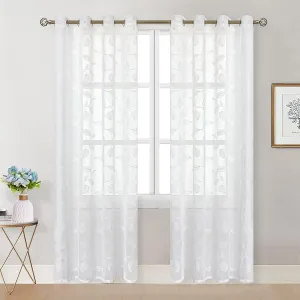 BGment White Sheer Curtains 84 Inches Long 2 Panels - Embroidered Leaf Pattern Semi Sheer Curtains Light Filtering Grommet Window Drapes for Living Room, Each Panel 52 x 84 Inch