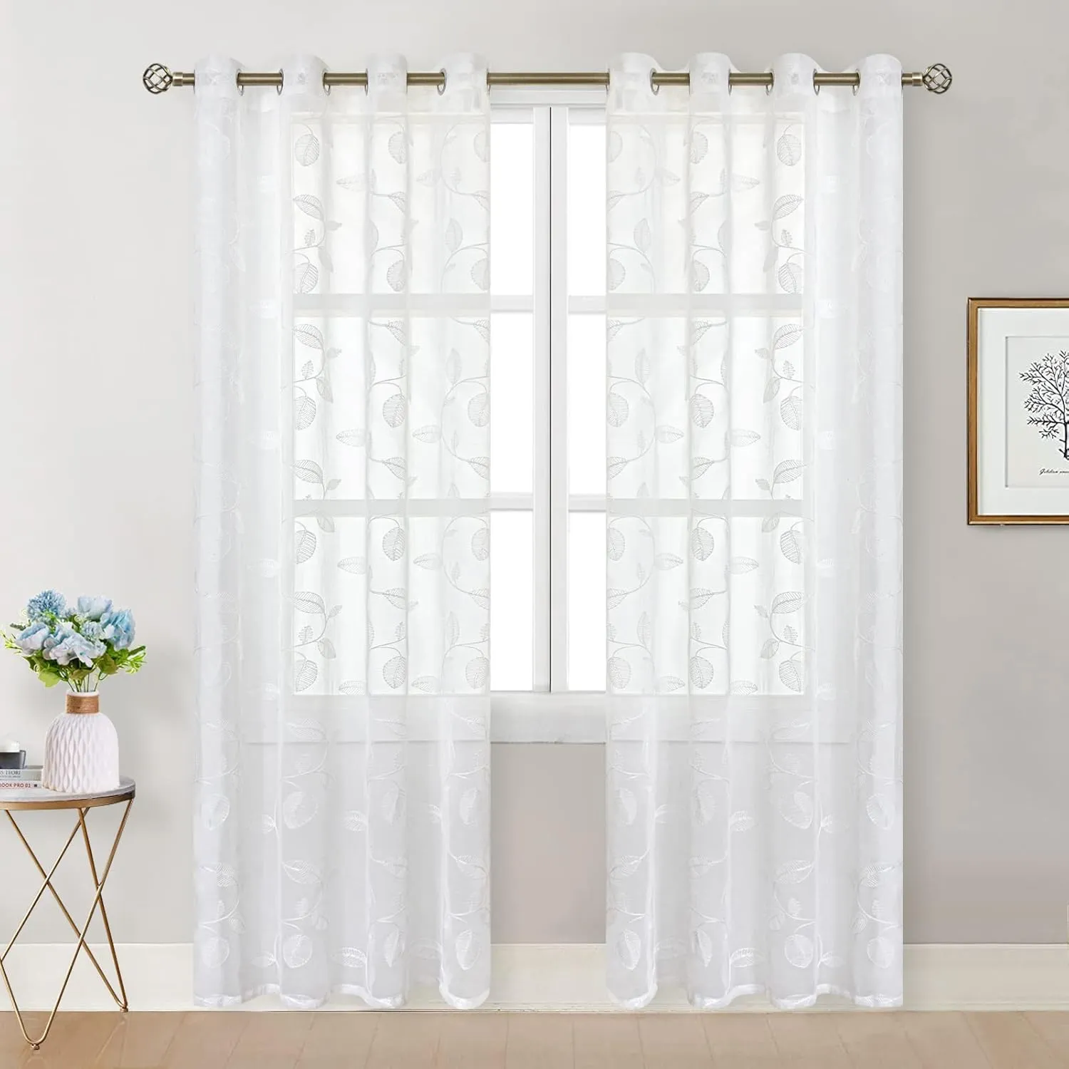 BGment White Sheer Curtains 84 Inches Long 2 Panels - Embroidered Leaf Pattern Semi Sheer Curtains Light Filtering Grommet Window Drapes for Living Room, Each Panel 52 x 84 Inch