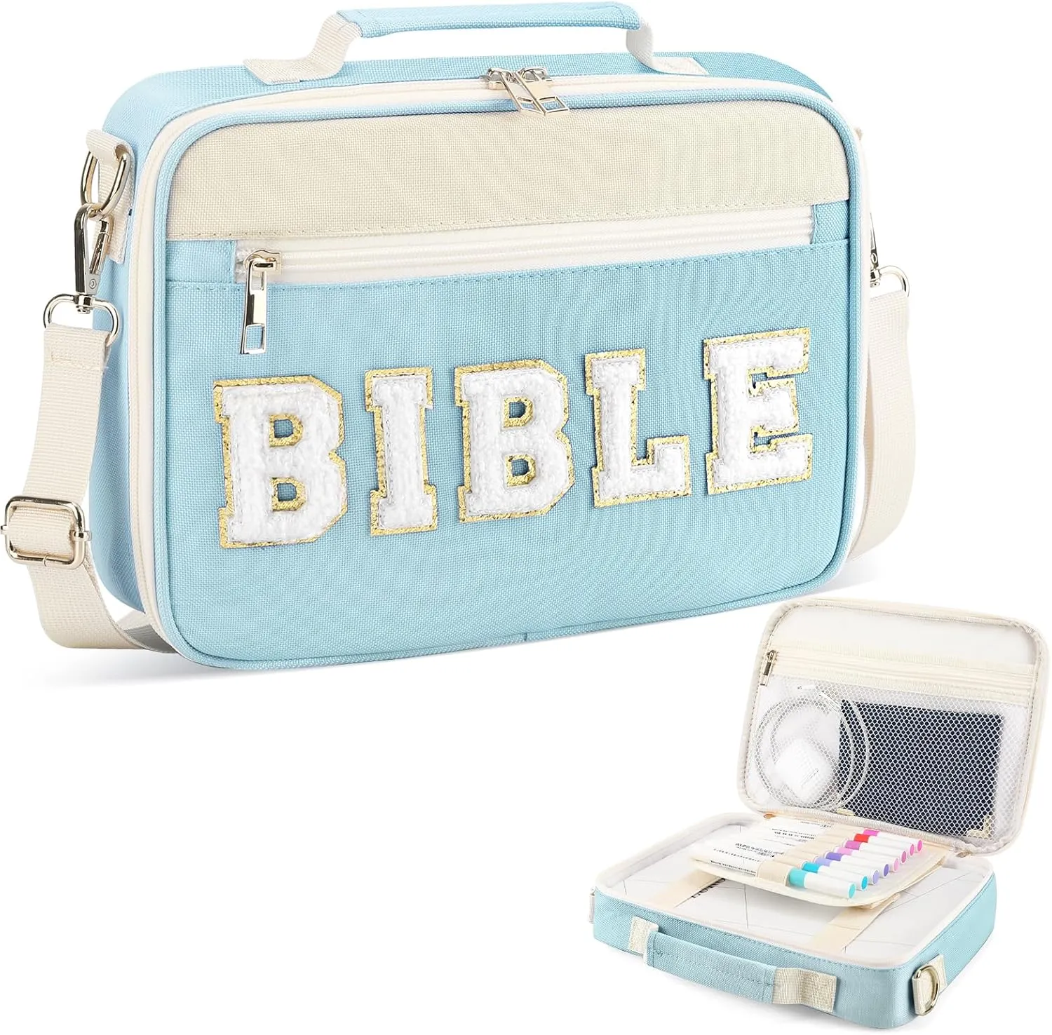 Bible Cover Case for Women Grils, Preppy Bible Bag with Adjustable Shoulder Strap, Waterproof Bible Carrying Tote Bags Holder for Bible Study Supplies Accessories & Christian Gifts (Blue)