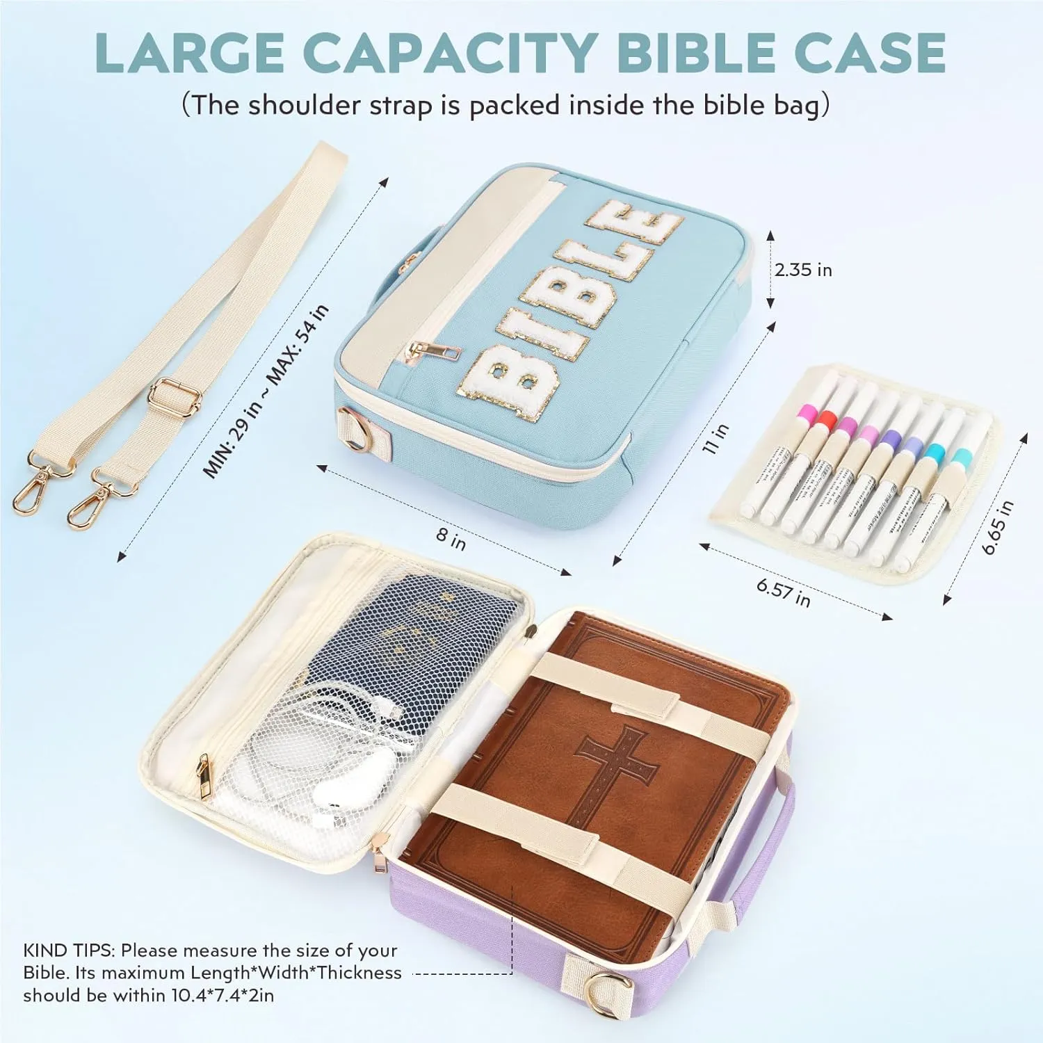 Bible Cover Case for Women Grils, Preppy Bible Bag with Adjustable Shoulder Strap, Waterproof Bible Carrying Tote Bags Holder for Bible Study Supplies Accessories & Christian Gifts (Blue)