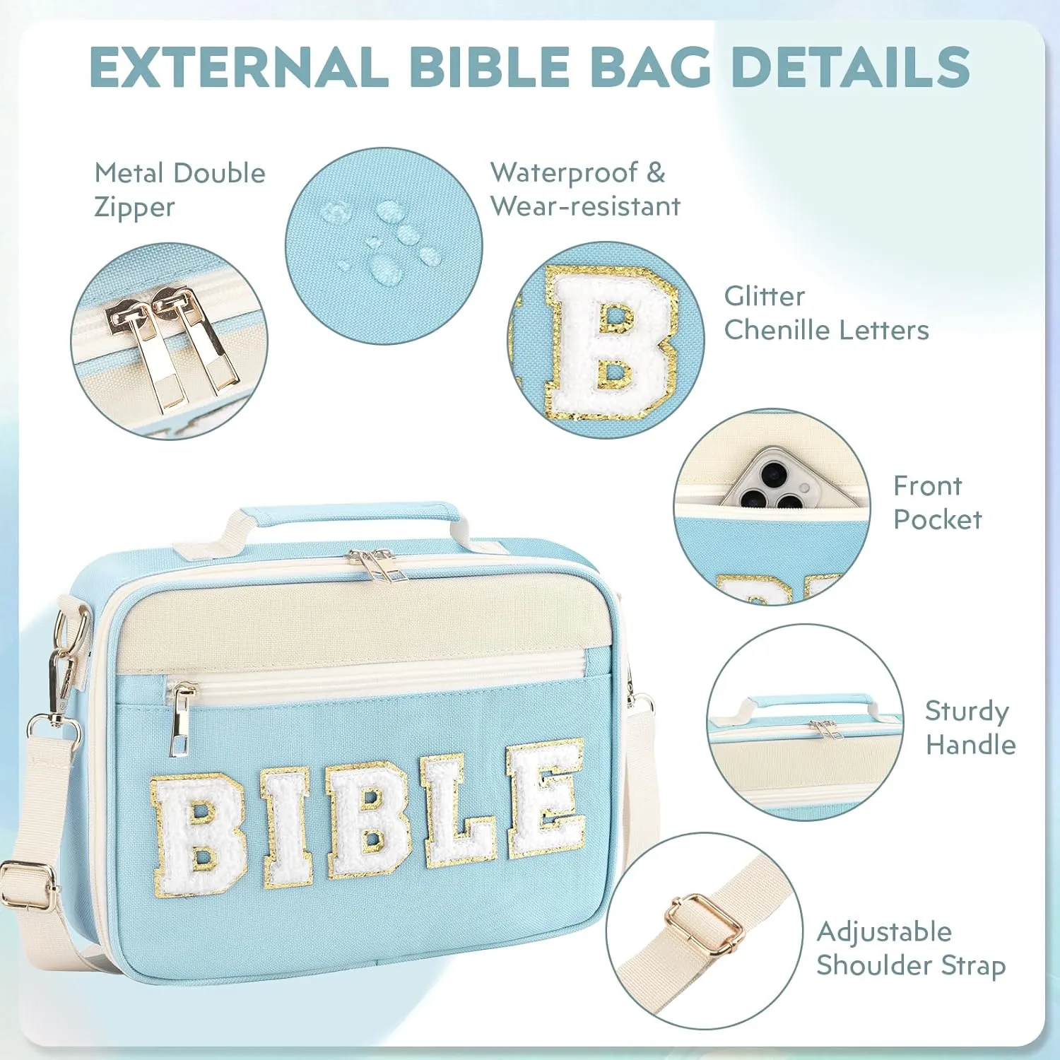 Bible Cover Case for Women Grils, Preppy Bible Bag with Adjustable Shoulder Strap, Waterproof Bible Carrying Tote Bags Holder for Bible Study Supplies Accessories & Christian Gifts (Blue)