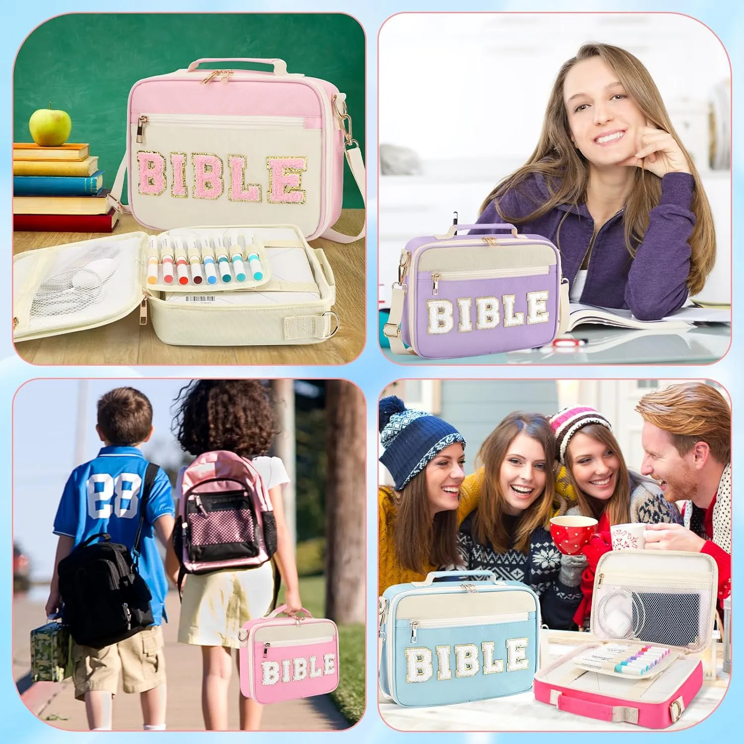 Bible Cover Case for Women Grils, Preppy Bible Bag with Adjustable Shoulder Strap, Waterproof Bible Carrying Tote Bags Holder for Bible Study Supplies Accessories & Christian Gifts (Blue)