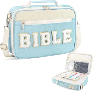 Bible Cover Case for Women Grils, Preppy Bible Bag with Adjustable Shoulder Strap, Waterproof Bible Carrying Tote Bags Holder for Bible Study Supplies Accessories & Christian Gifts (Blue)