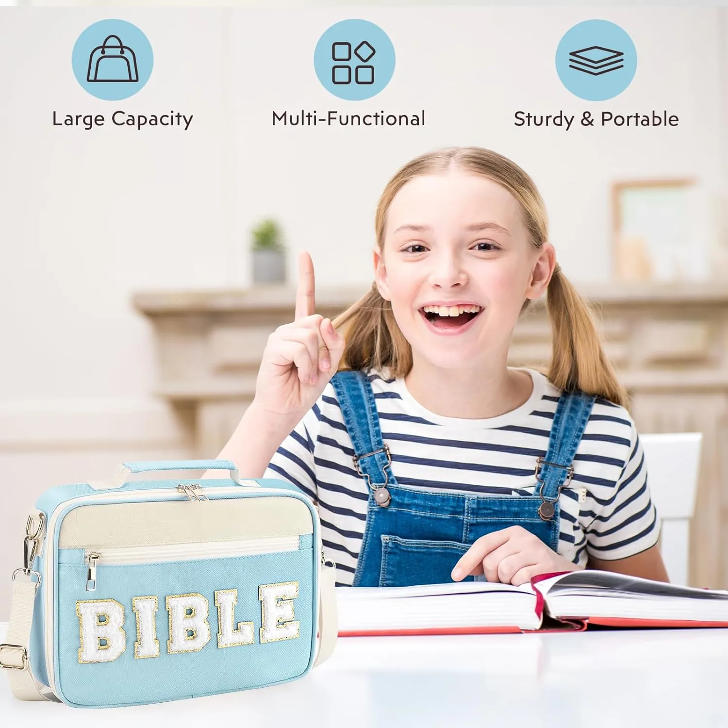 Bible Cover Case for Women Grils, Preppy Bible Bag with Adjustable Shoulder Strap, Waterproof Bible Carrying Tote Bags Holder for Bible Study Supplies Accessories & Christian Gifts (Blue)