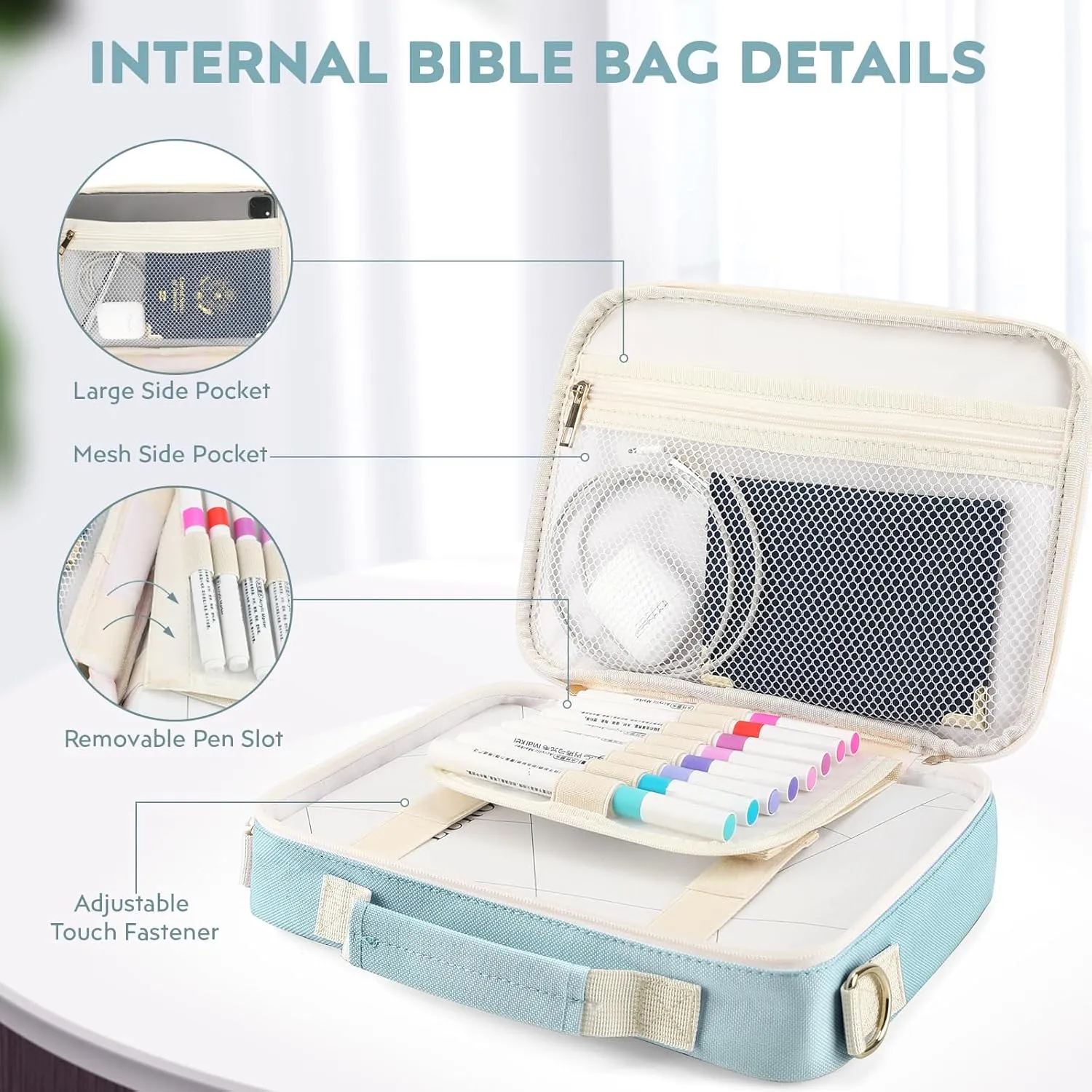 Bible Cover Case for Women Grils, Preppy Bible Bag with Adjustable Shoulder Strap, Waterproof Bible Carrying Tote Bags Holder for Bible Study Supplies Accessories & Christian Gifts (Blue)