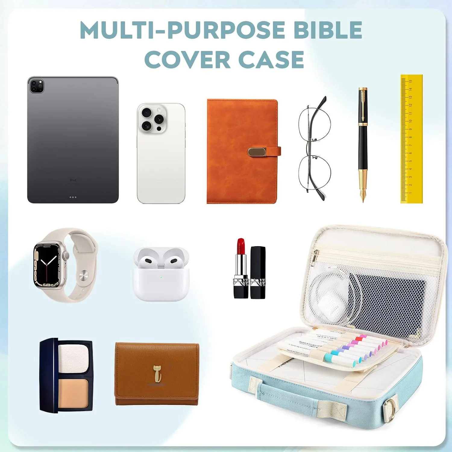 Bible Cover Case for Women Grils, Preppy Bible Bag with Adjustable Shoulder Strap, Waterproof Bible Carrying Tote Bags Holder for Bible Study Supplies Accessories & Christian Gifts (Blue)