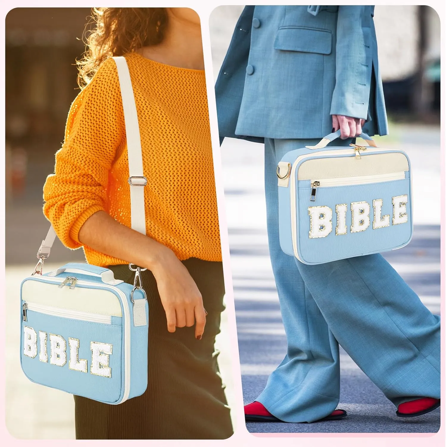 Bible Cover Case for Women Grils, Preppy Bible Bag with Adjustable Shoulder Strap, Waterproof Bible Carrying Tote Bags Holder for Bible Study Supplies Accessories & Christian Gifts (Blue)