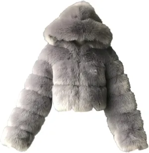 Bidobibo Faux Fur Coat Women with Hood Cropped Bubble Coats Fleece Short Warm Jackets Plus Size Winter Coats for Women