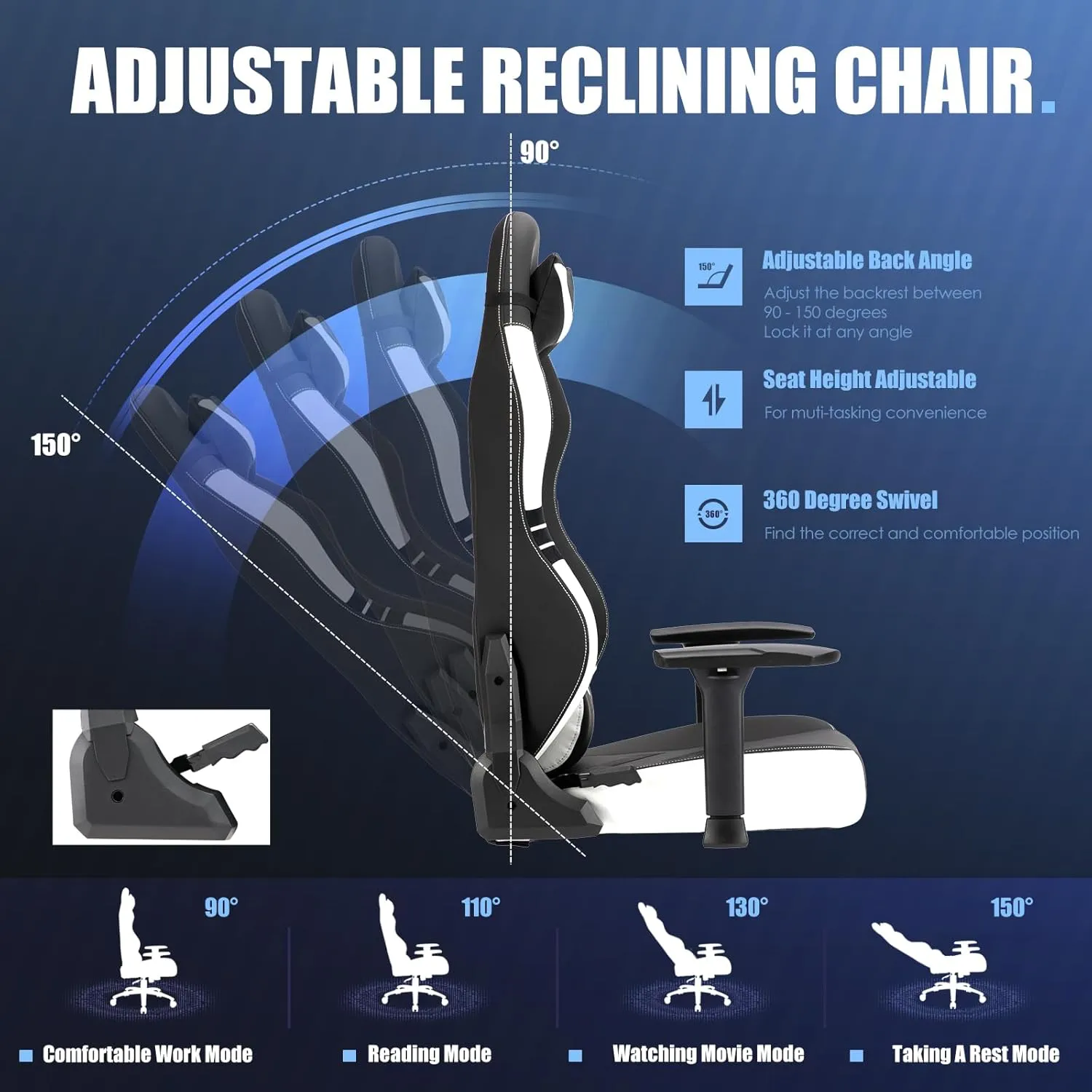 Big and Tall Gaming Chair 350lbs-Racing Computer Gamer Chair,Ergonomic Desk Office PC Chair with Wide Seat, Reclining Back, Adjustable Armrest for Adult Teens-Black/White